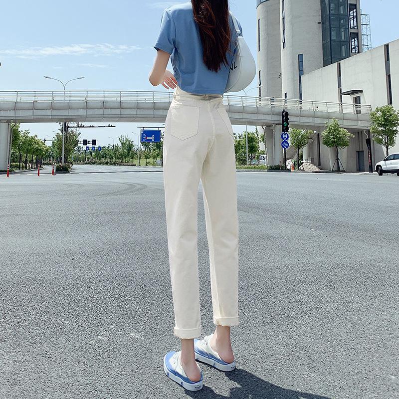 Apricot High-Waist Korean Carrot Jeans for Women - 2021 Loose Fit, Nine-Point Style