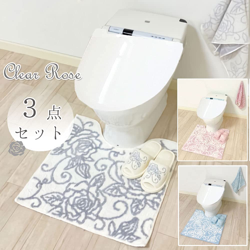 Amazon exclusive toilet mat set without lid cover and paper holder Clear rose Elegant rose pattern Rose Rose [White] "3-piece cover"