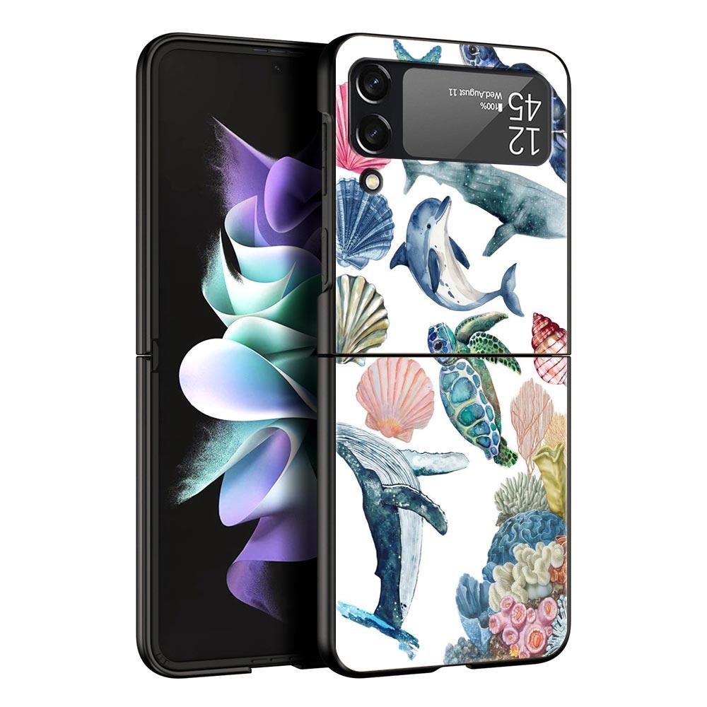 Phone Case for Samsung Galaxy Z Flip 3 4 5 6 7 Folding Black Shell For Samsung Z Flip4 Flip5 PC Hard Cover Ocean Life Theme