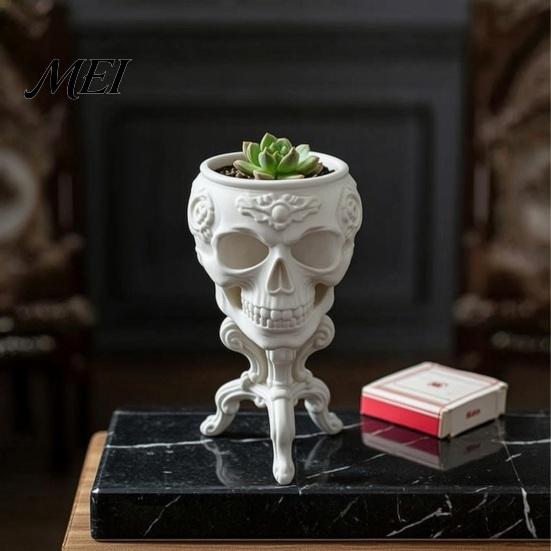 Retro Flower Pots Mini Gothic Skull Planter Pot, 3D Printed Creepy Flowerpot, Decorative Succulents Plants Container, Desk Decoration for Halloween