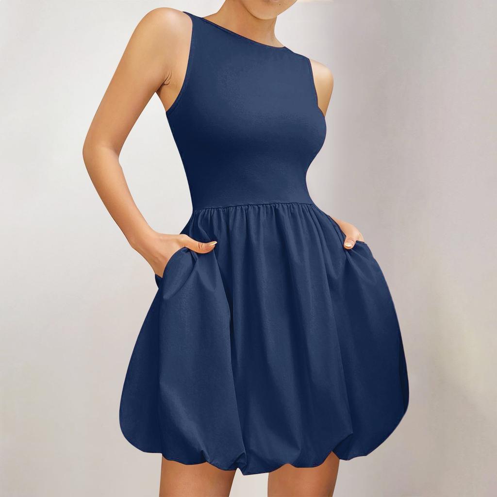 Damen Sommerkleid, lässig, einfarbig, A-Linie, ärmellos, Tanktop-Kleid