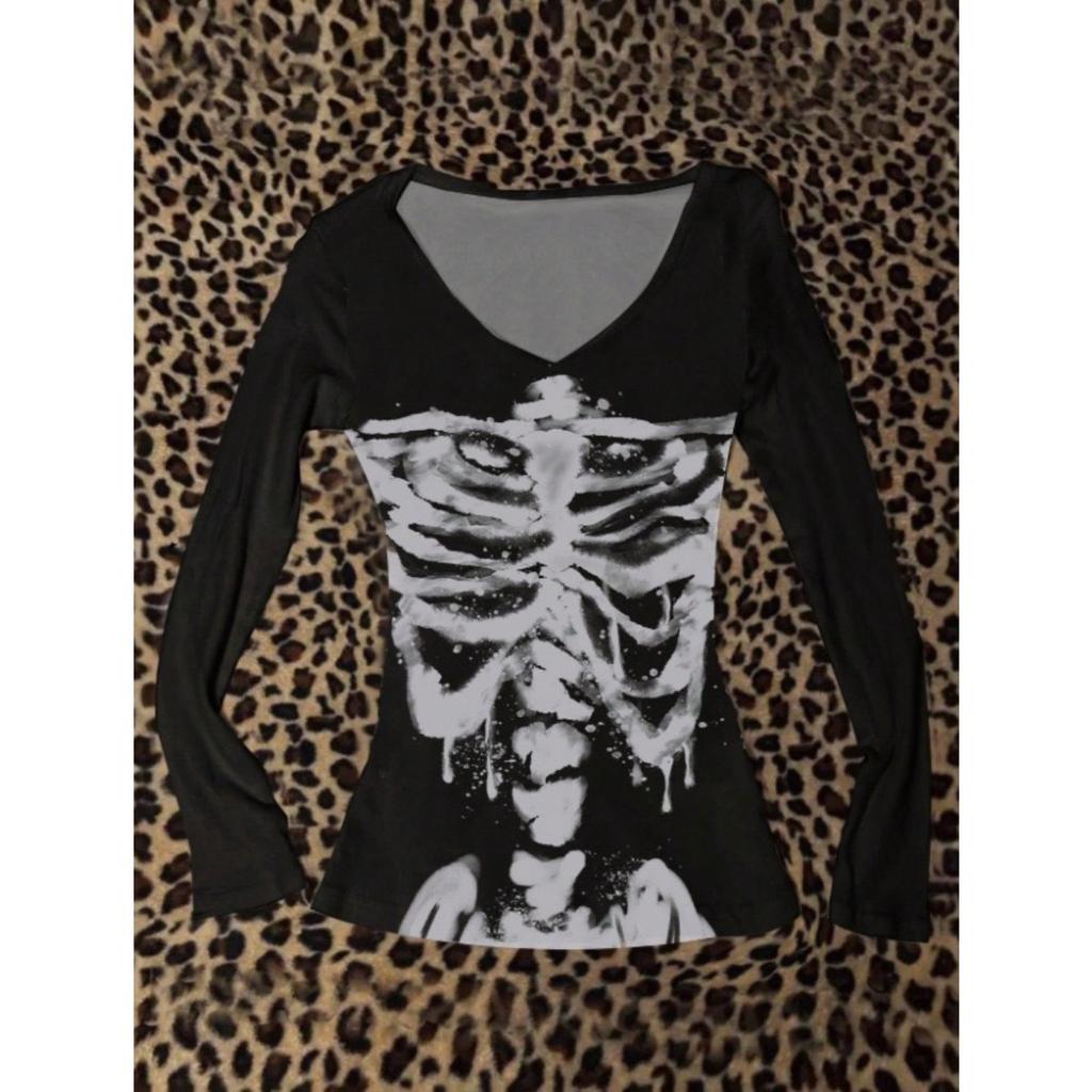 TrendHub Y2k Fairy Grunge Grafik T-Shirts für Damen E-Girls Goth Geripptes Langarm-T-Shirt Tops Vintage Emo Kleidung 2000er Retro Streetwear