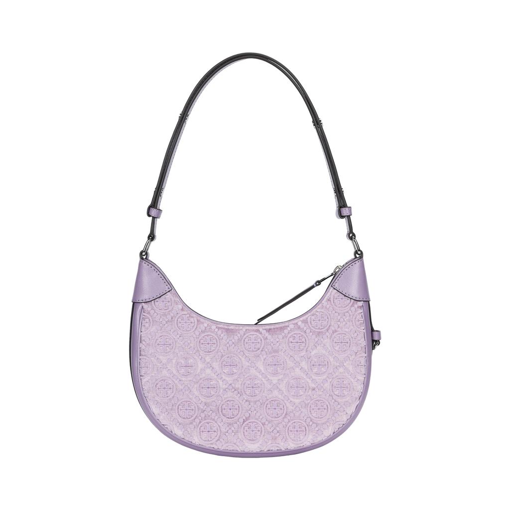 Tory Burch T Monogram Metallic Hardware Signature Pattern Crescent Bag Women handbags Light-Purple 162023-500