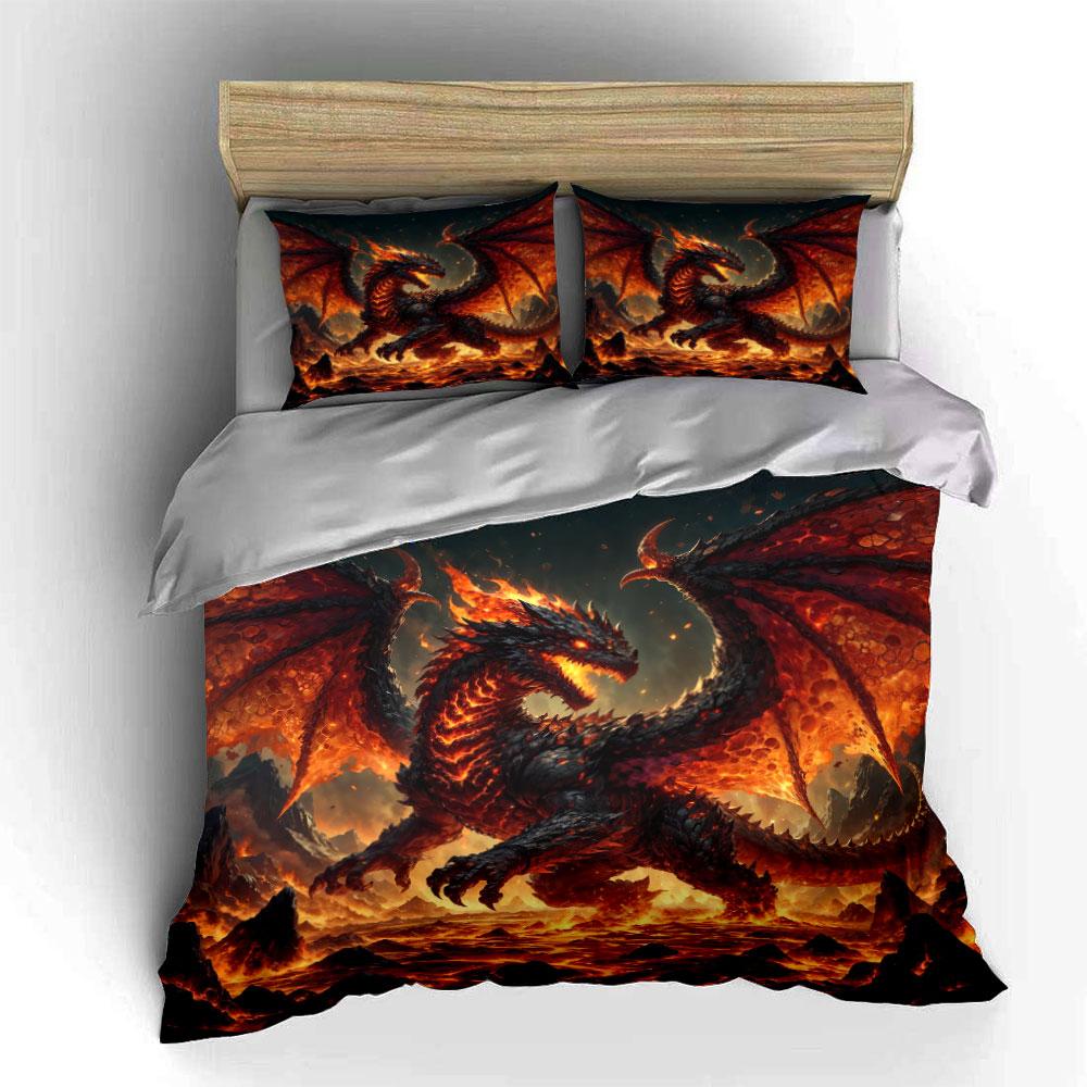Fiery dragon soaring over lava Bedding Set for Kids Luxury Gift 3pcs Digital Print Comforter Set Soft Comfortable Breathable