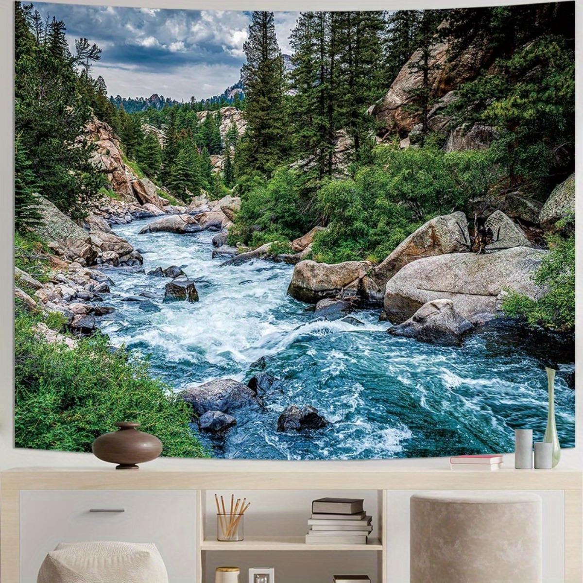 Forest Tapestry Polyester Large Mountain Waterfall Pine Trees River Wall Art Nature Decor Bedroom Living Room 100X70CM