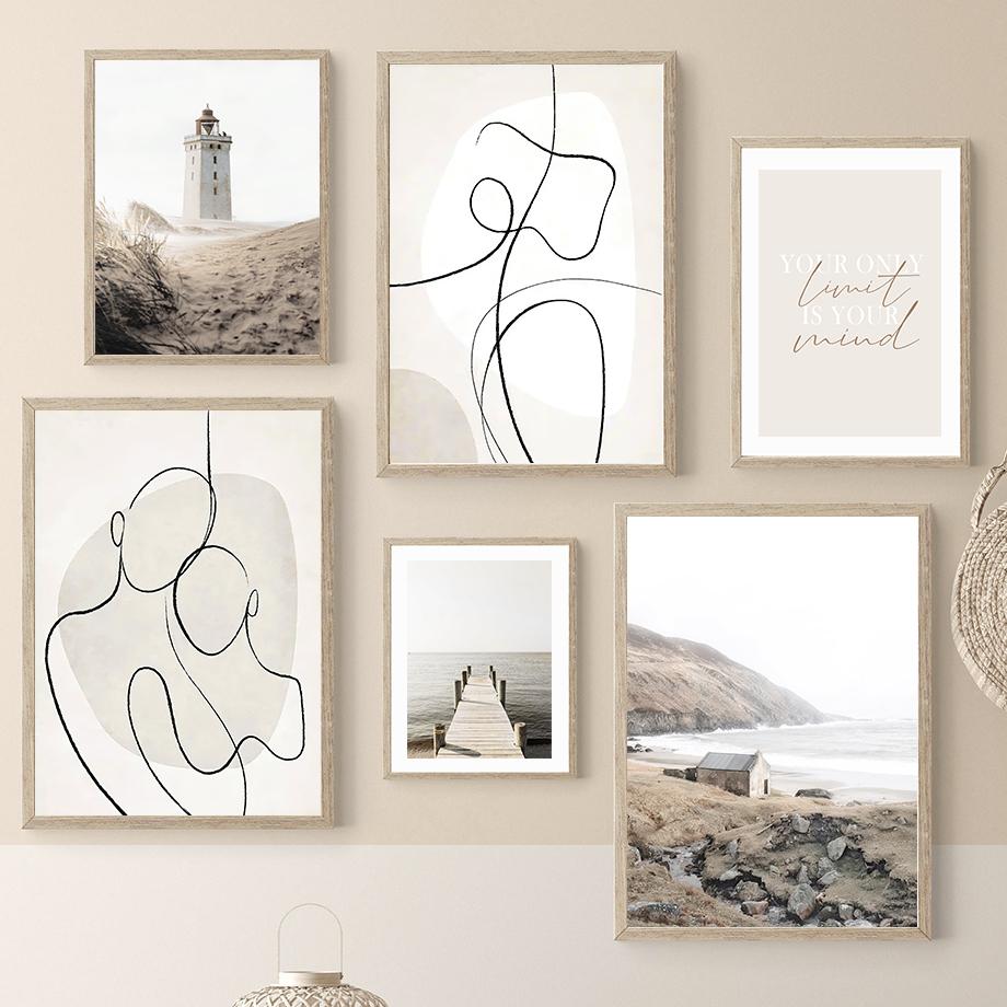 Beige Sjøgress Rør Løvetann Linjefigurer Veggkunst Lerret Maleri Plakater Og Trykk Hotell Bar Bilder For Stuedekor
