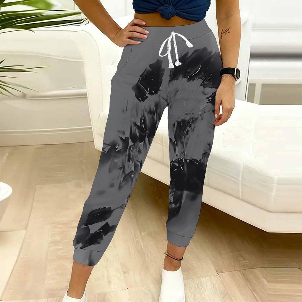Letnie damskie spodnie dresowe z nadrukiem tie-dye w rozpryskach tuszu, luźny krój, ze sznurkiem, ściągacze, elastyczny mankiet, codzienne spodnie