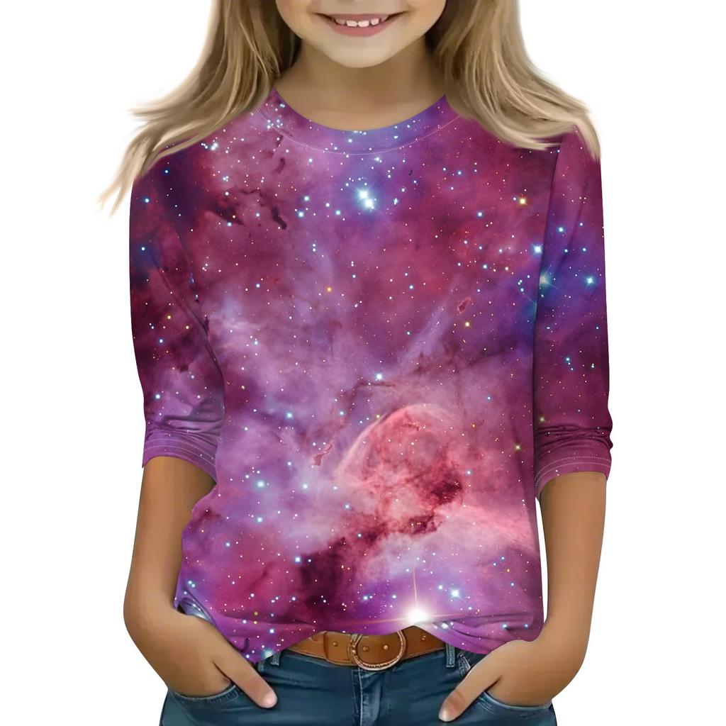 Bedruckte Oberteile für junge Mädchen von 5–16 Jahren, Rundhalsausschnitt, 3/4-Ärmel, T-Shirts, trendige Oberteile, Outfit-T-Shirts