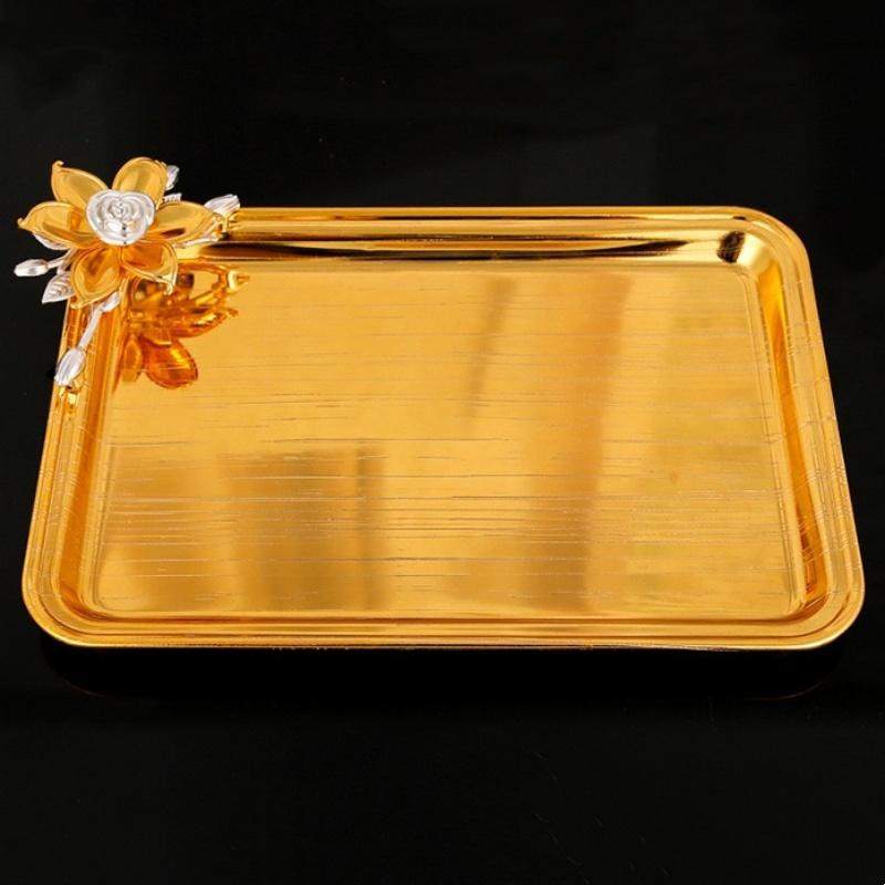 Fruit Plate,Alloy Flower Inlaid Gem Shape Plate,Polishing Golden Snack Disc,Candy Food Plate Home Wedding Desktop Decoration