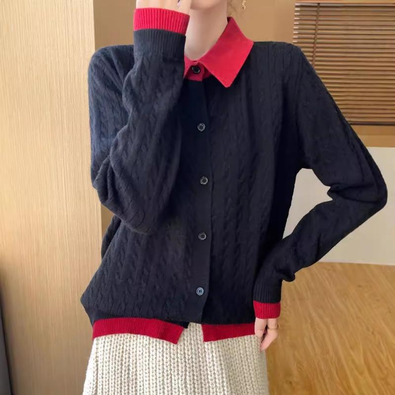 Autumn and winter new temperament gentle wind color matching lapel knitted sweater age-reducing thin bottoming shirt comfortable top women