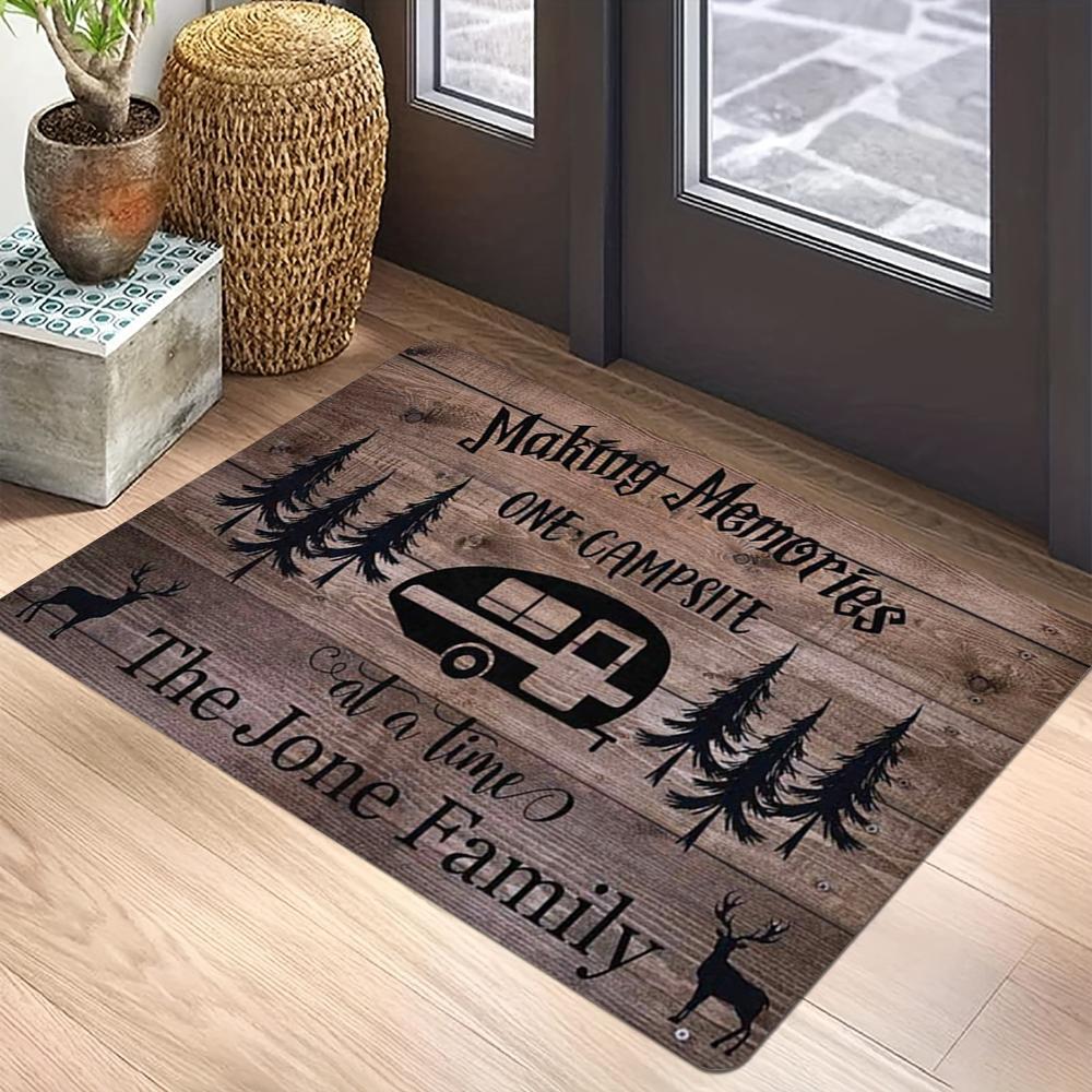 Family Camping Memories Carpet Mat with Deer Pine Tree Pattern Anti-Slip Rug Vintage Wood Design Home Decoration Floor Mat