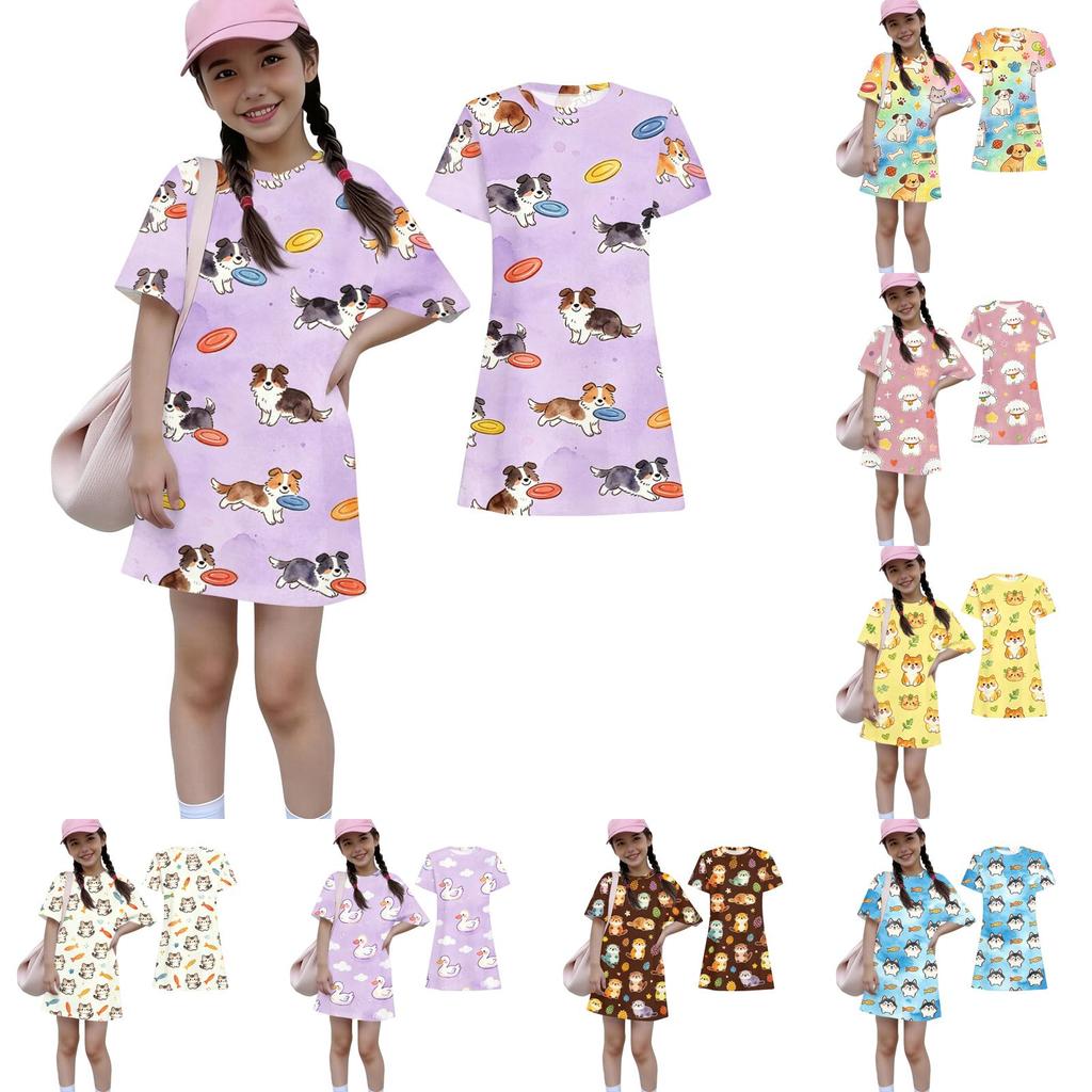 Girls Animal Print Dress Short Sleeve Loose Fit Round Neck Lightweight Casual Dress for Kids Summer Wear