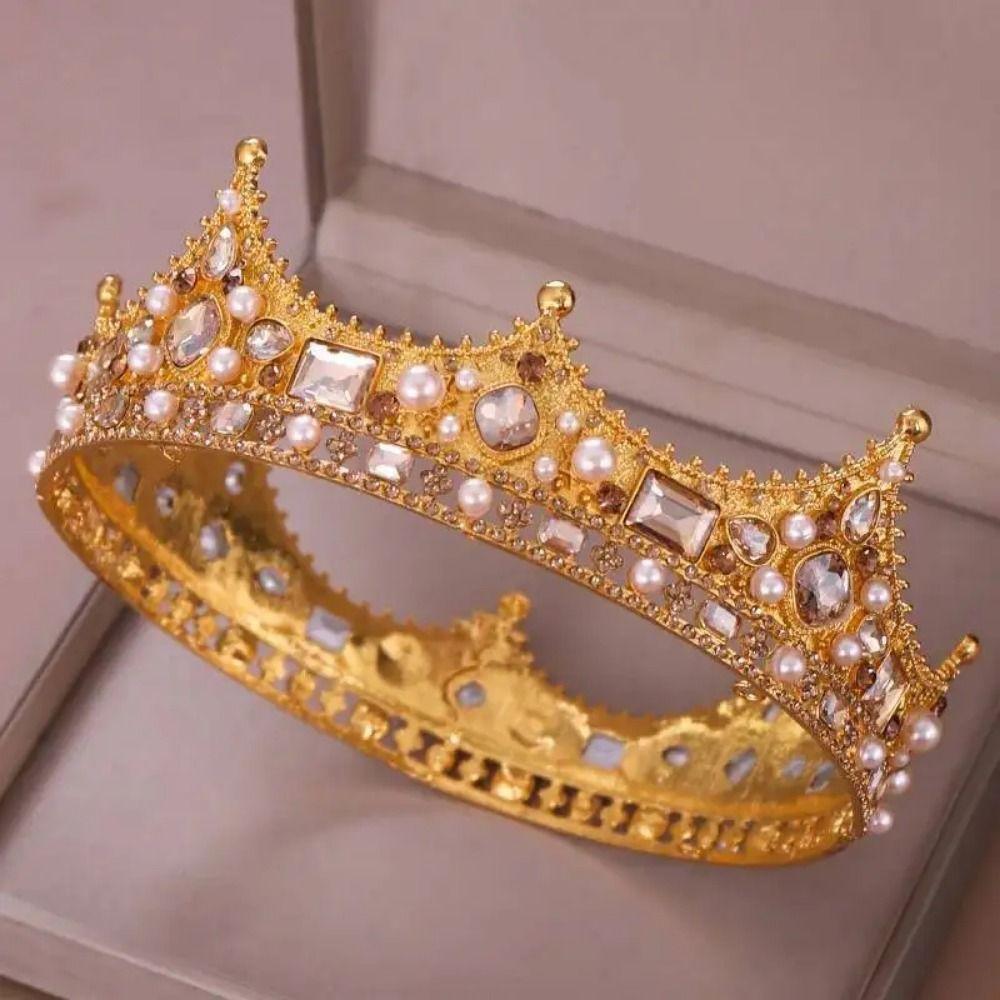Rhinestone Bridal Tiara Crown Round Shape Wedding Hair Jewelry Vintage Baroque Crown  Costume Party