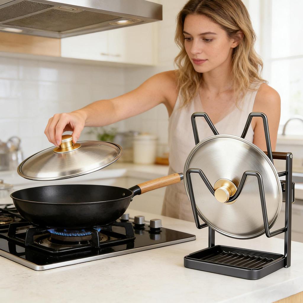 Pot Lid Holder Stainless Spoon Stand With Removable Drip Tray Stainless Pan Lid Rack For Kitchen Home Pantry Counter Restaurant