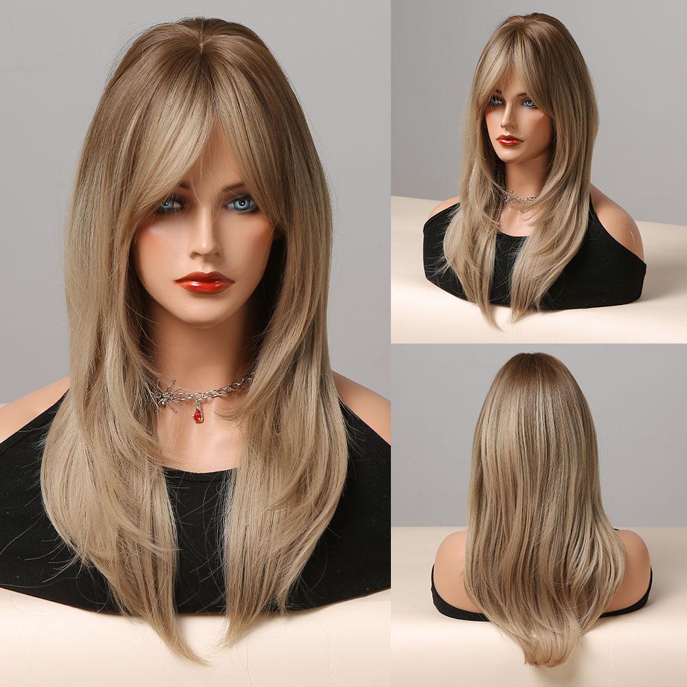 Synthetic Wigs Long Natural Wavy Wig Ombre Brown Golden Highlight Blonde Layered Hair with Side Bangs for Women Heat Resistant