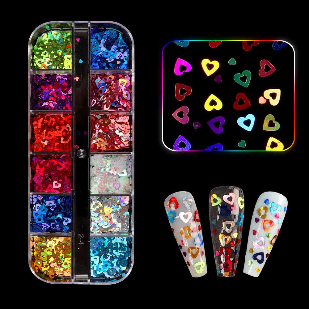 Nagelglitzer-Pailletten, 12 Gitter/Box, Zellstoff, unregelmäßige Flocken, Nagelglitzer, glänzender Laser, mehrfarbig, Nagelkunst-Dekoration