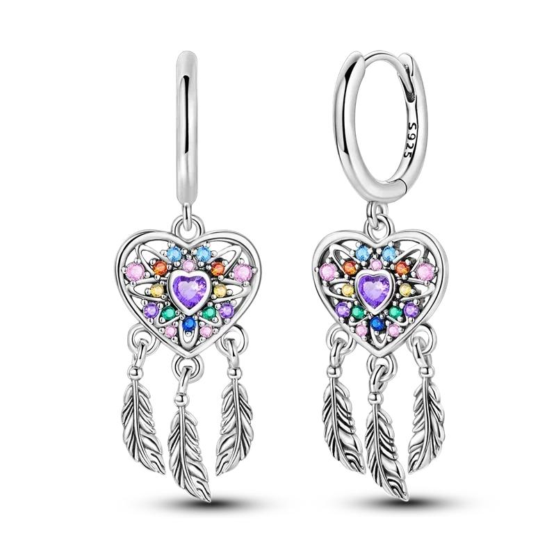 925 Silver Love Feather Moon Star Heart Earrings Fit Original Charms Hoop for Women Girls Stud Earring Jewelry Gifts
