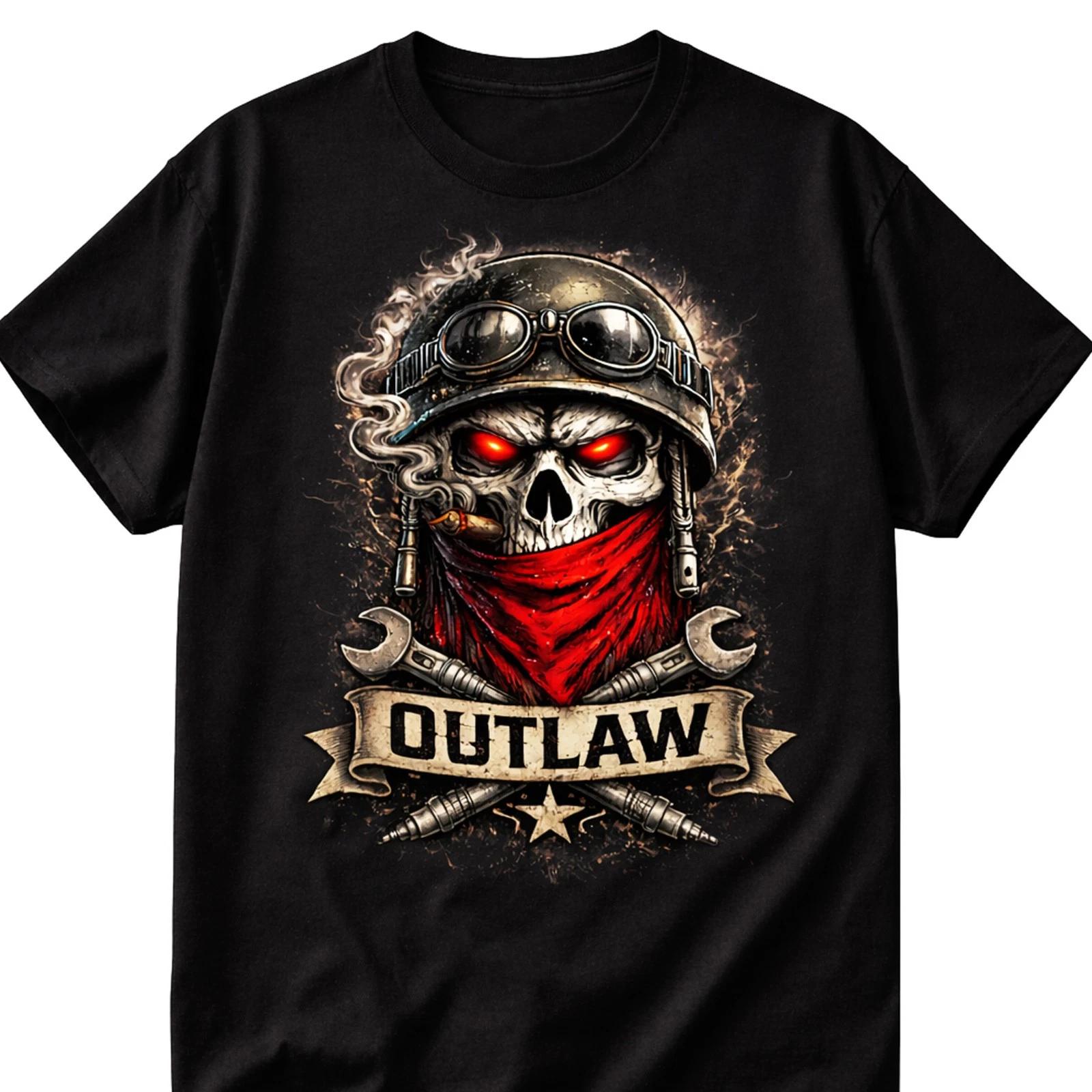 

Vintage Outlaw Skull Biker T Shirt Men Motorcycle Graphic Tee Rider Streetwear XL