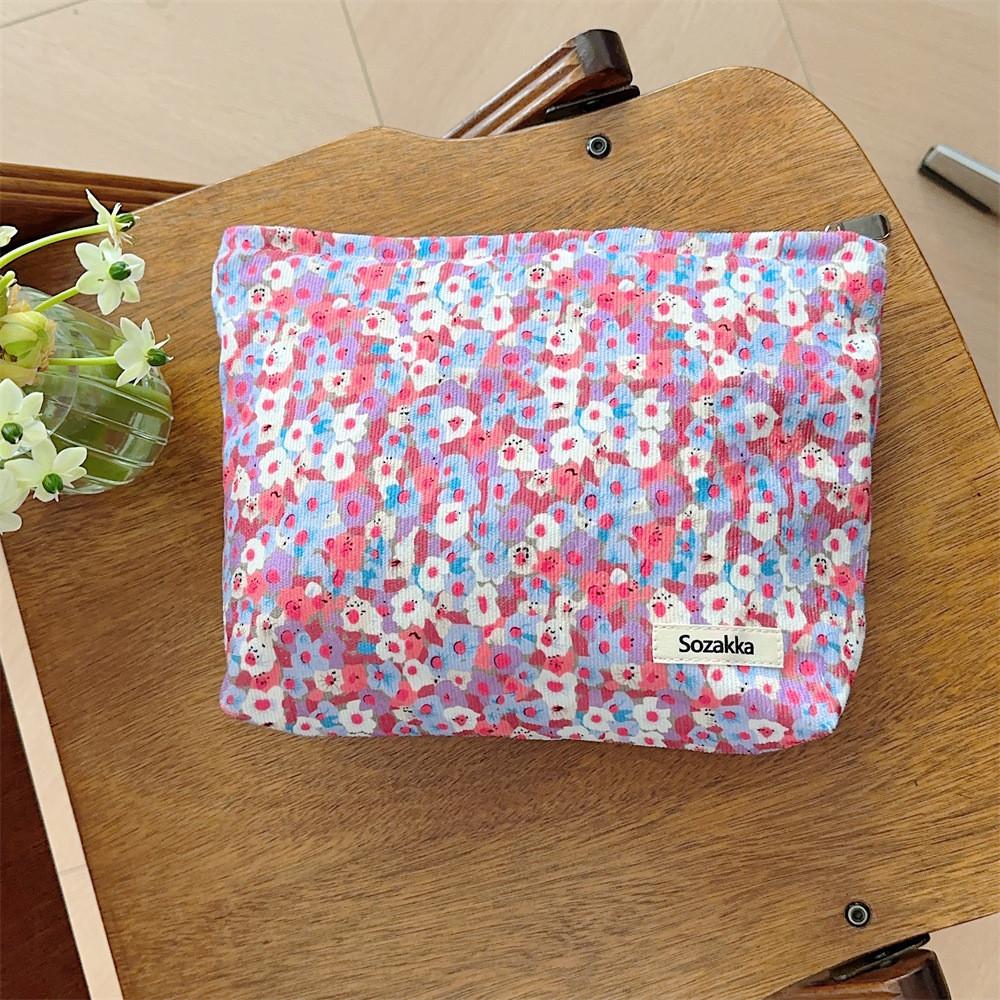 Small Flower Velvet Cosmetic Bag Makeup Pouch Storage Bag Canvas Lining Trendy Pink StyleA