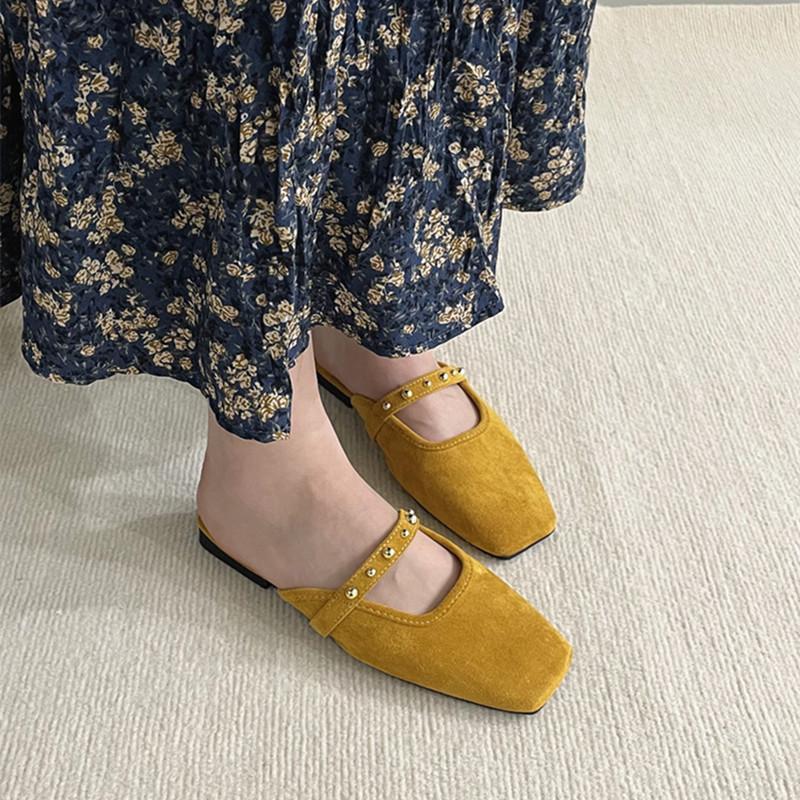 Bailamos Women Flat Slippers Square Toe Sandals Half Mules Slippers Slides Women Simple Slippers Comfortable Office Mule Shoes M