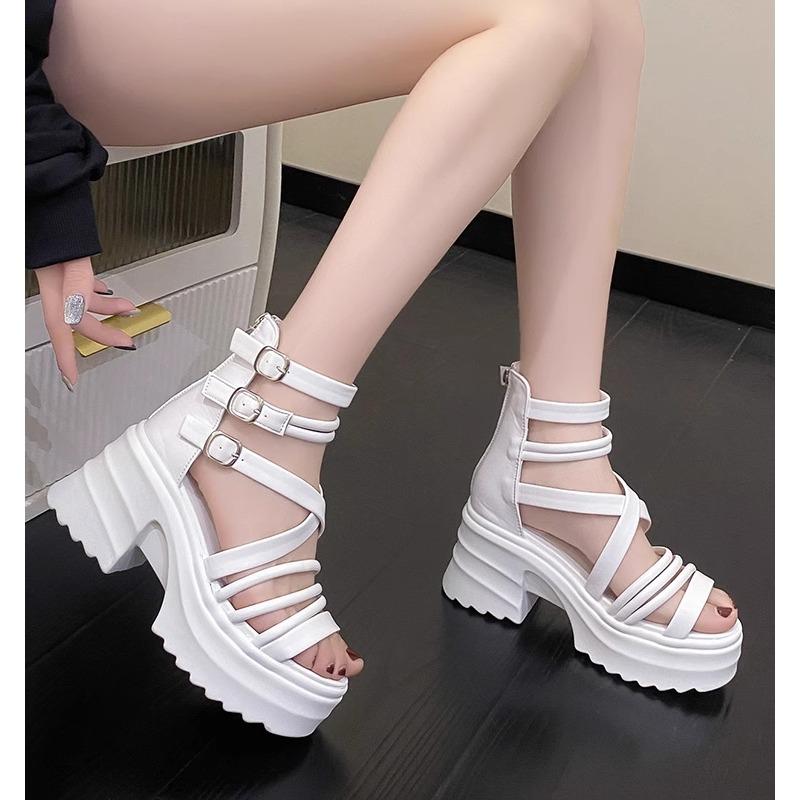 Sandales compensées à lanière de cheville pour femmes, sandales à plateforme à talon chunky pour femmes 9CM, chaussures de gladiateur à semelle épaisse d'été pour femmes