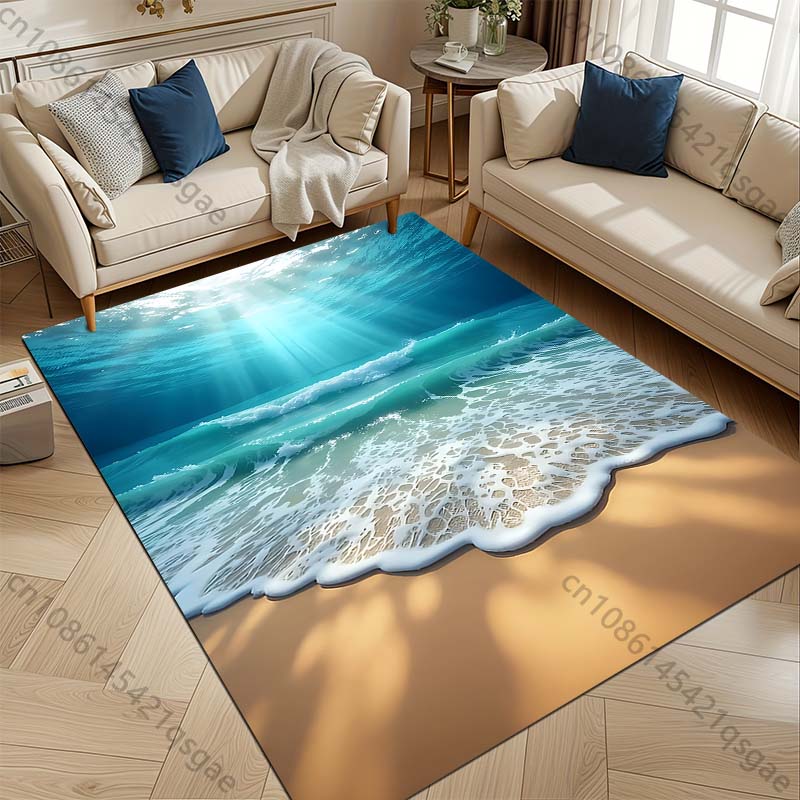 1PC Sunlit beach and waves Print Carpet Rug for Living Room Bedroom Sofa Doormat Home Decor Non-slip Floor Mat
