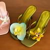 Handmade asymmetrical flower sandals women's summer new satin thin heel half drag high heel banquet