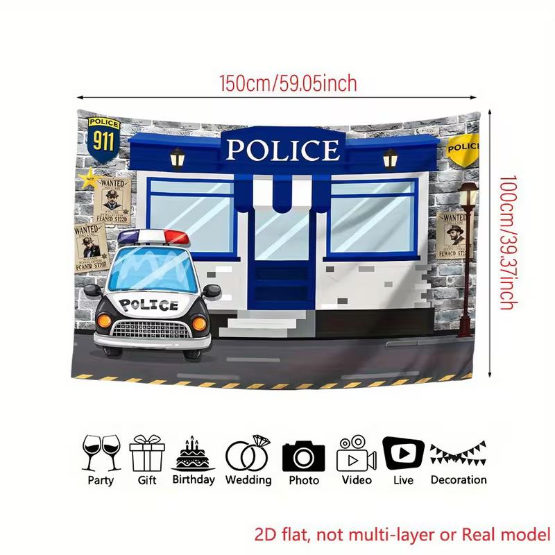 2D Cartoon Police Station Backdrop with Police Car & Wanted Posters