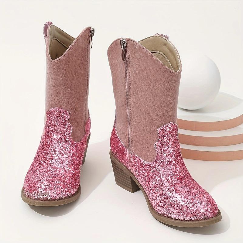 Fashion New Round Toe Block Heel Spliced Rhinestone Side Zipper Single Inside Fashion Boots Versatile Casual Non-Slip Mid-Tube Boots