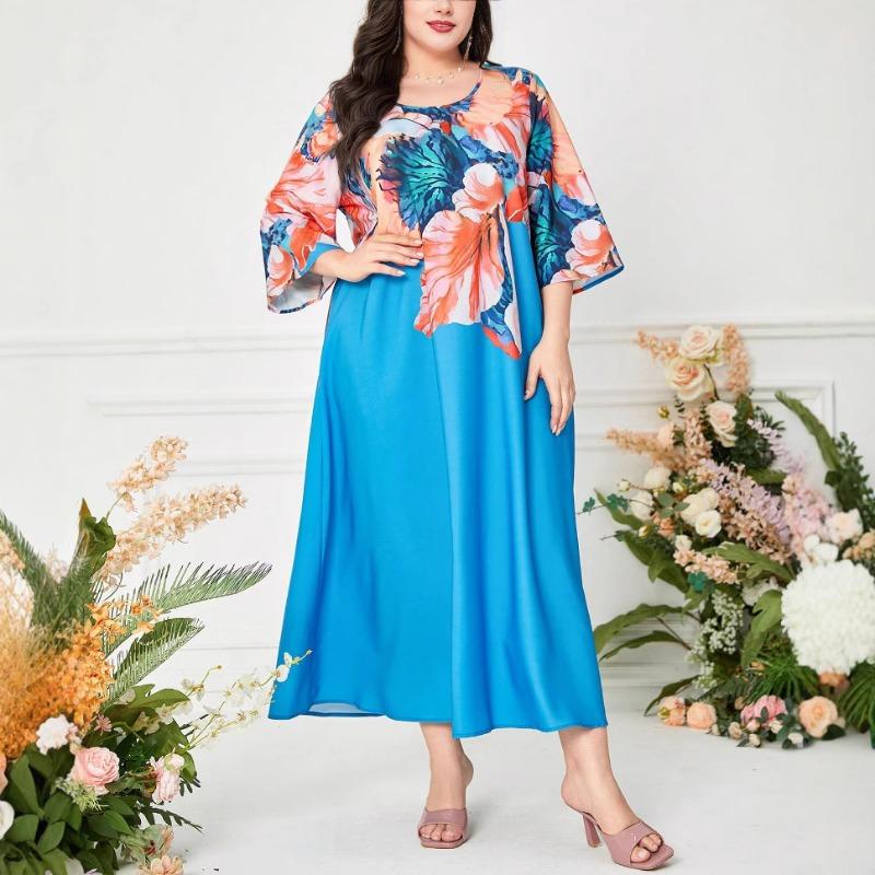 Elegancka długa sukienka damska plus size w stylu narodowym z nadrukiem vintage