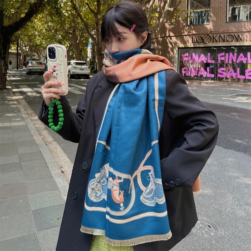 New Blue Imitation Cashmere Scarf Women's Winter Thickened Warm Scarf Versatile Cashmere Feel Fringed Shawl