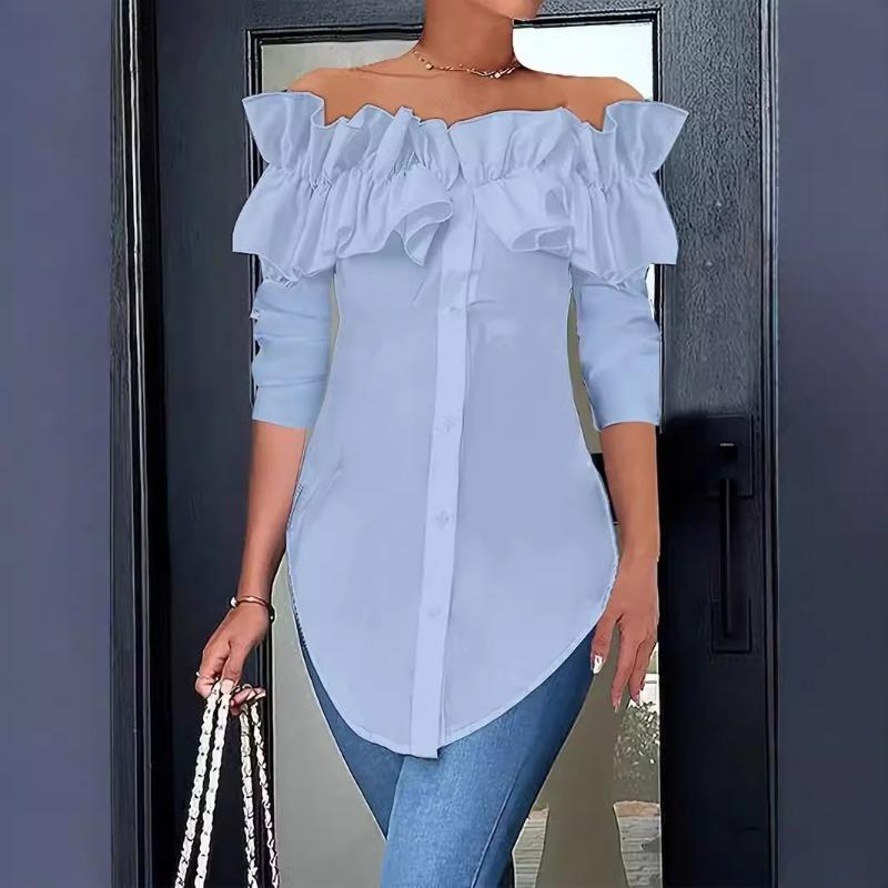 Neues schulterfreies Rüschenlangarmshirt Frühling Damen Casual Unregelmäßige Bluse Einfarbig Slim Fit Mode Büro-Dame Oberteil