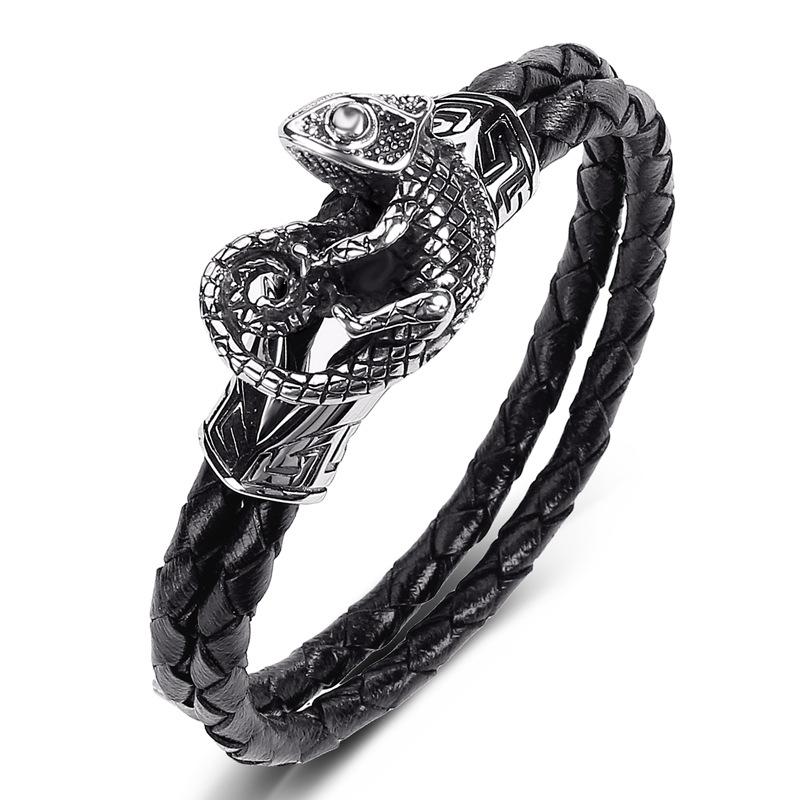 Personalized Fashion Men s Leather Bracelet Woven Rope Double Circle Simple Bracelet, Lizard Jewelry 2026 16.5CM