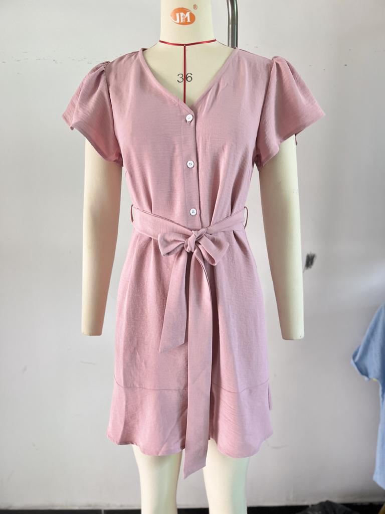 Women V-Neck Short Flutter Sleeve Dress Single Breasted Button Belted Waist A-Line Summer Casual Midi Dress