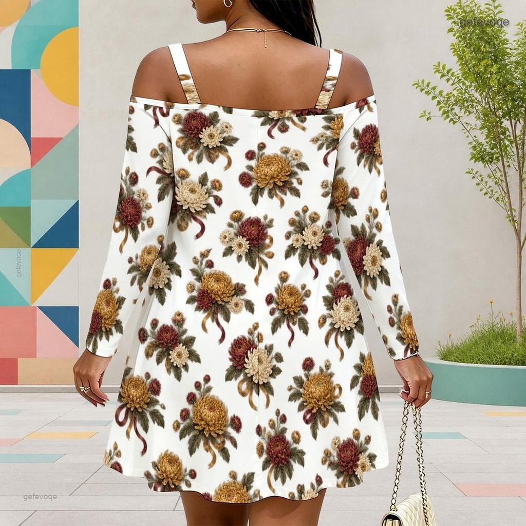 Women Plus Size Cold Shoulder Long Sleeve White Floral Printed Dress