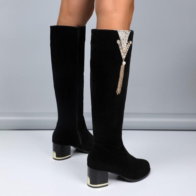 2024 Merke Damesko Sideglidelås Dame Støvletter Mote Metalldekorasjon Moderne Støvletter Dame Vinter Rund Tå Knehøye Støvletter