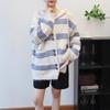 Kontrastfarbige gestreifte Kapuzenstrickjacke Damen Herbst und Winter neu locker und vielseitig mittel und lang gestrickte Strickjacke