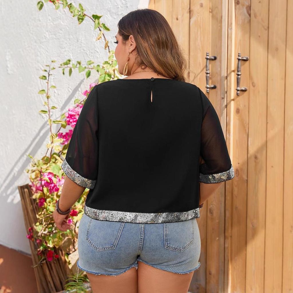 Plus Size Women's Black Irregular Hem Top - Loose Round Neck for Spring/Summer