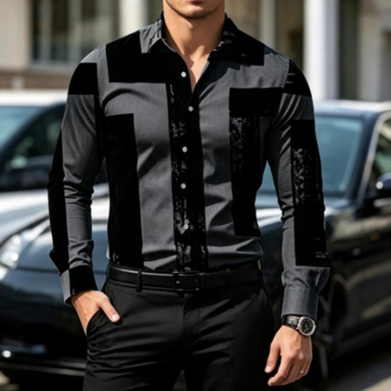 Men's Shirt Color Block Lapel Long Sleeved Shirt Abstract Geometric Print Slim Fit Shirt Light Business Daily Casual