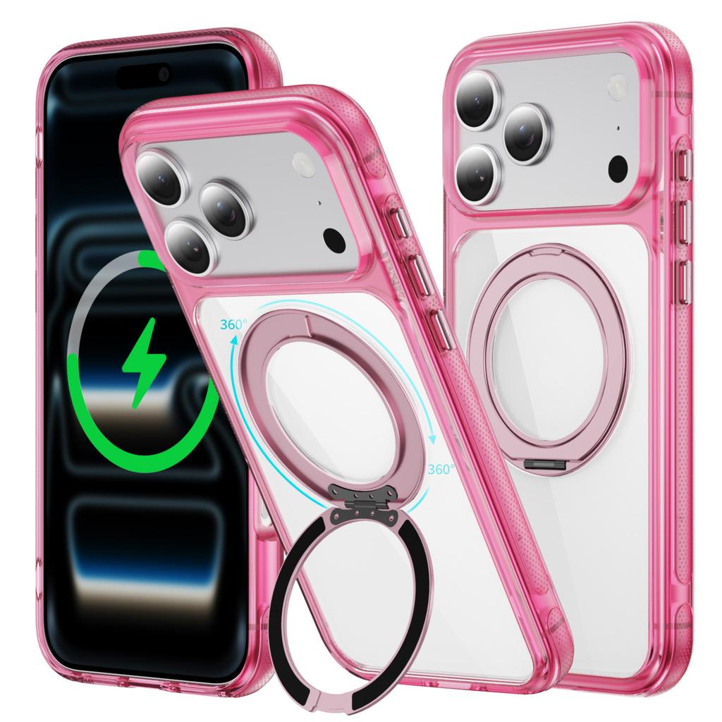 Crystal Clear Magnetic Case With Metal Gear Kickstand Anti Slip Raised Camera Protection For iPhone 12 13 14 15 16 17 Pro Max Wireless Charging