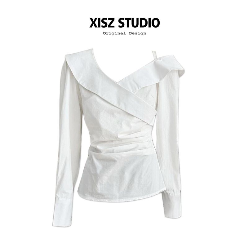 

Niche V-Neck Off-Shoulder Long-Sleeve Shirt for Women, Autumn and Winter Off-Shoulder White Shirt, Waist-Cinching Slimming Asymmetrical Shoulder Top White [High Quality] S