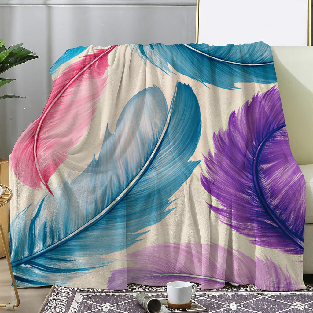 1pc Zeal Lily Flannel Blanket - Soft Warm All-Season Blue Purple Pink Feather Print Throw, 2D Feather Pattern Bedspread for Couc