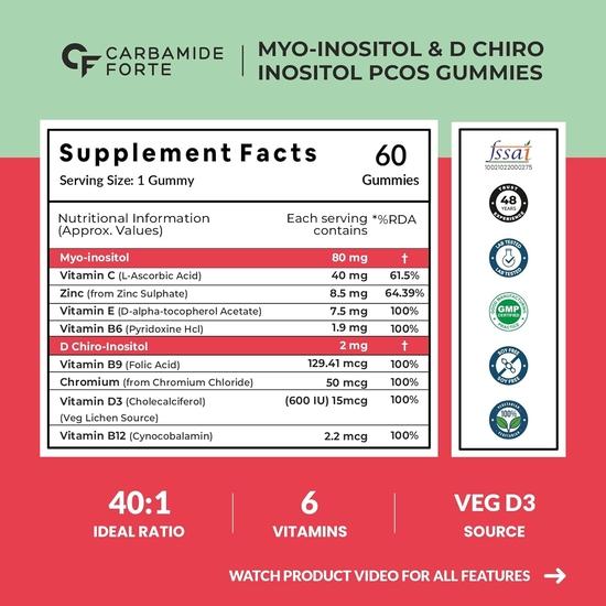 Carbamide Forte PCOS Supplements for Women with 40:1 Ratio of Myo Inositol To D Chiro Inositol | Inositol Supplement, 275 Grams
