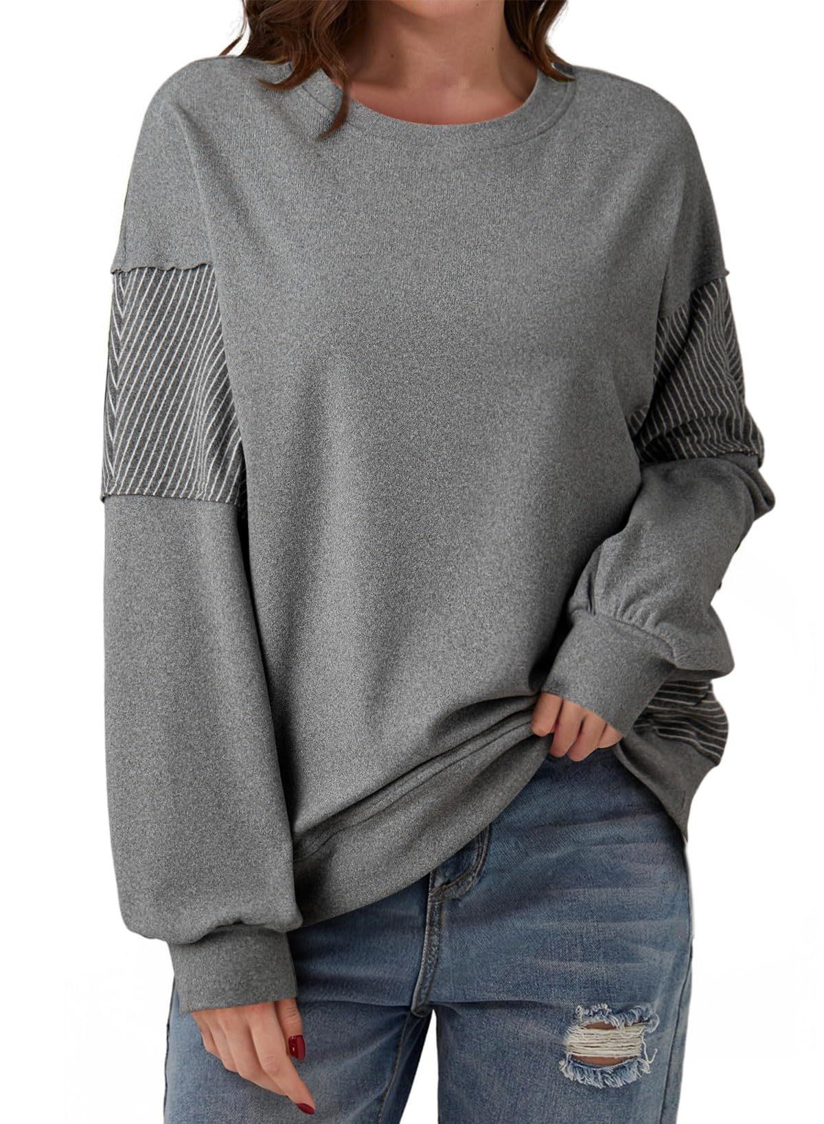 Womens Casual Striped Patchwork Long Sleeve Loose Sweatshirt S серый