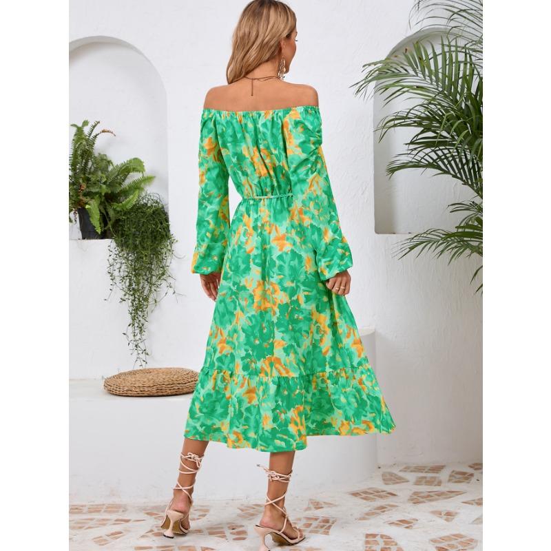 Spring and Autumn Women's Long Sleeve Printed Dress Slim Temperament Mid-Length Dresses