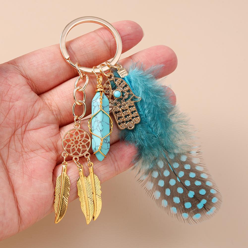 Bohemia Tassels Feather Keychain Women Girl Turquoise Key Ring Pendants for Handbag Decor DIY Handmade Key Chain Jewelry Gifts