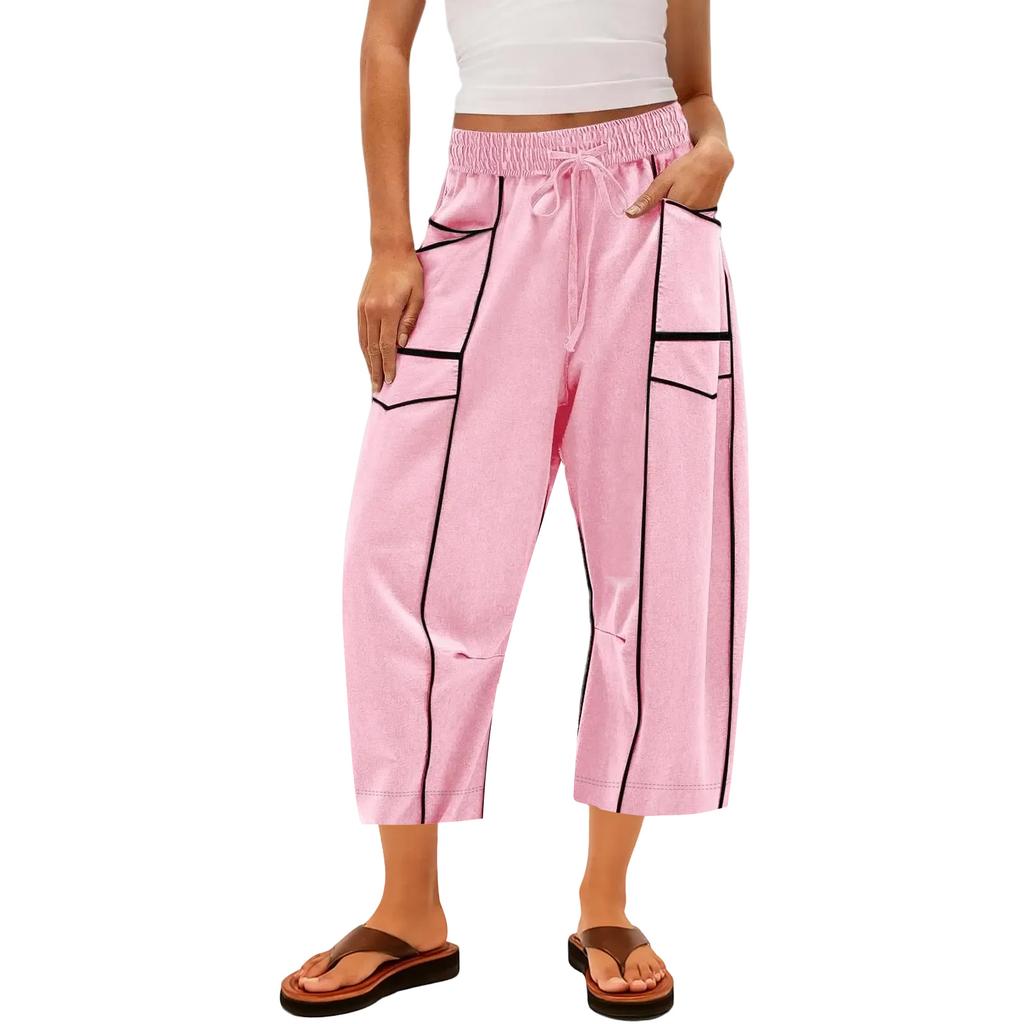Ladies' Wide Leg Pants, High Waisted Straight Leg Pants, Spliced Pockets, Casual Cropped Pants