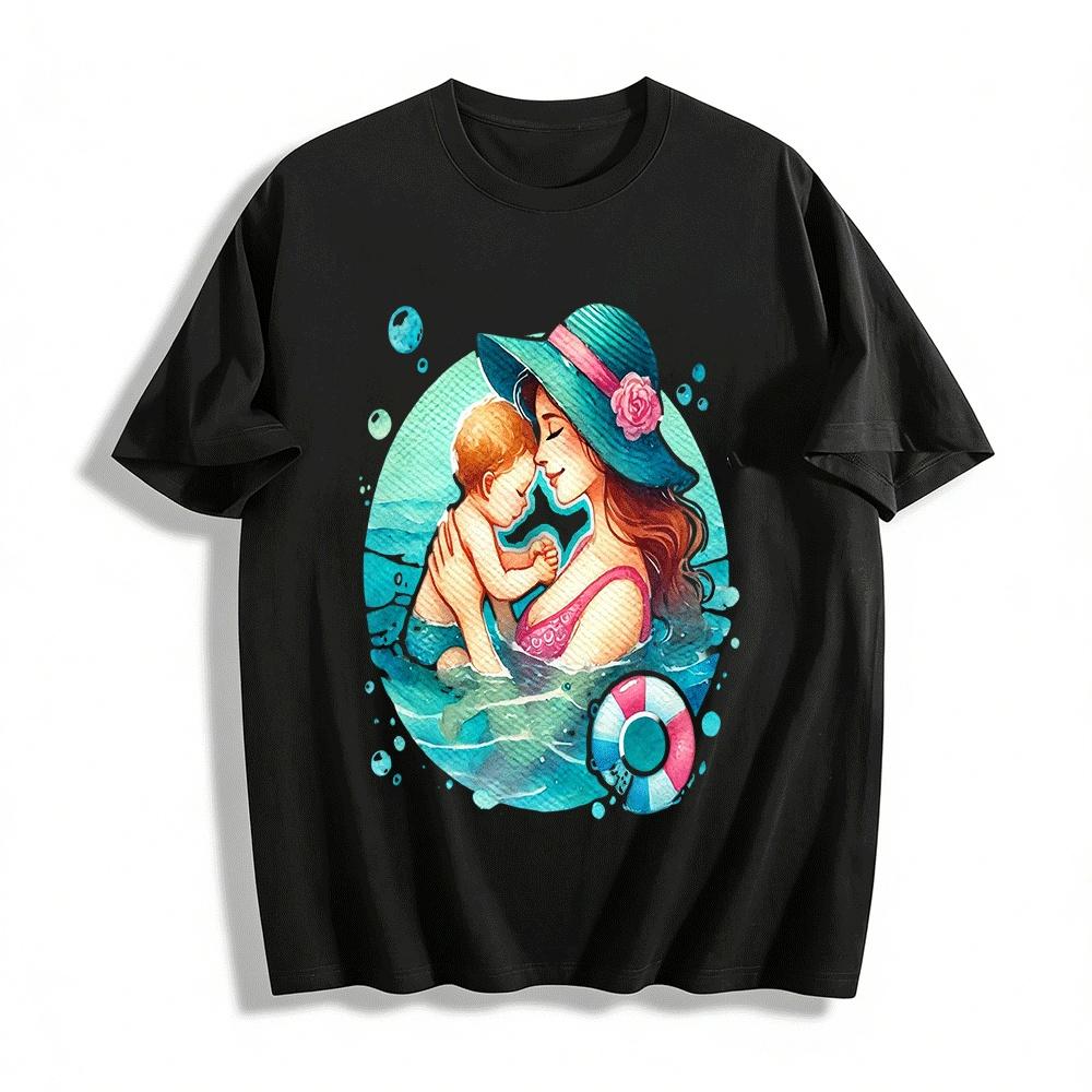 Mom And Baby Beach Swimming Print Casual Vacation T-shirt Pure cotton T-shirt XXS