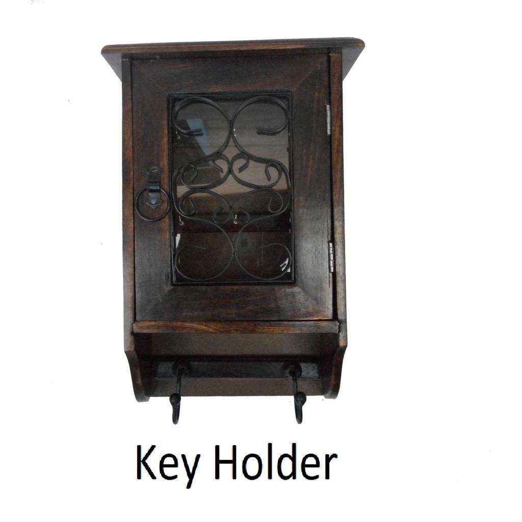 Handicraft ANTIQUE LOOK WALL HANGING BOX OF Wood, Glass, Iron Key Holder (8 Hooks, Brown)