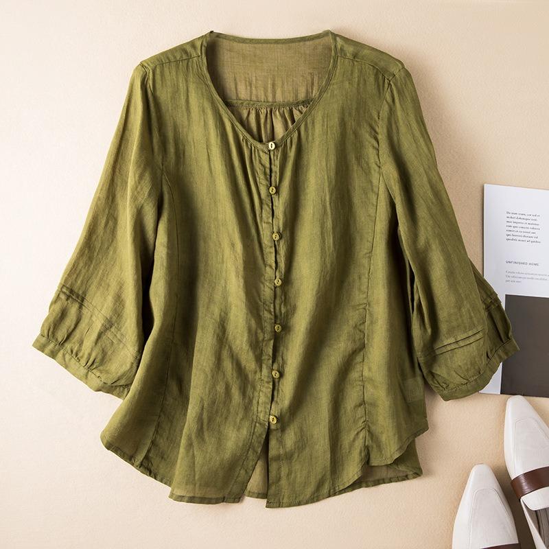 Spring Round Neck Ramie Loose Fitting Shirt Artistic Retro Versatile Casual Thin Top for Women Shirt